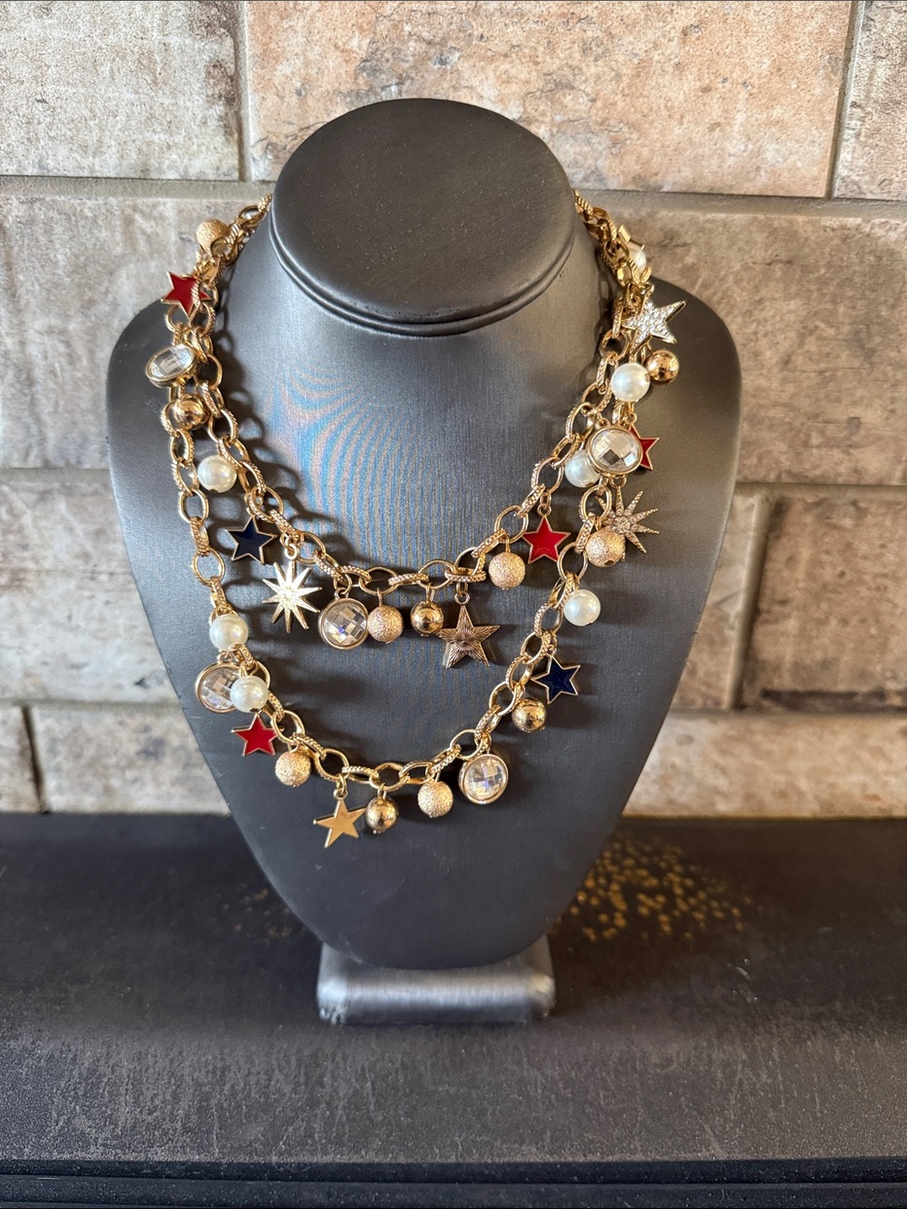 Gold Multi-Charm Star & Pearl Layered Necklace - Red & Navy Accents